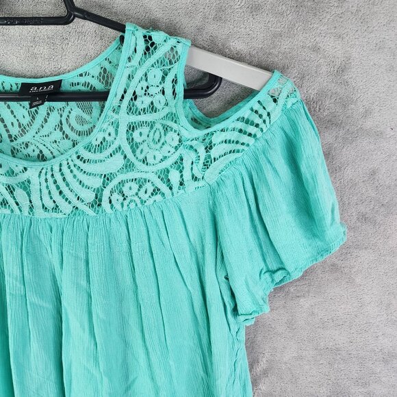 Women's A.N.A Turquoise Lace Yoke Top Blouse Short Sleeve Round Neck Size L - Picture 5 of 11